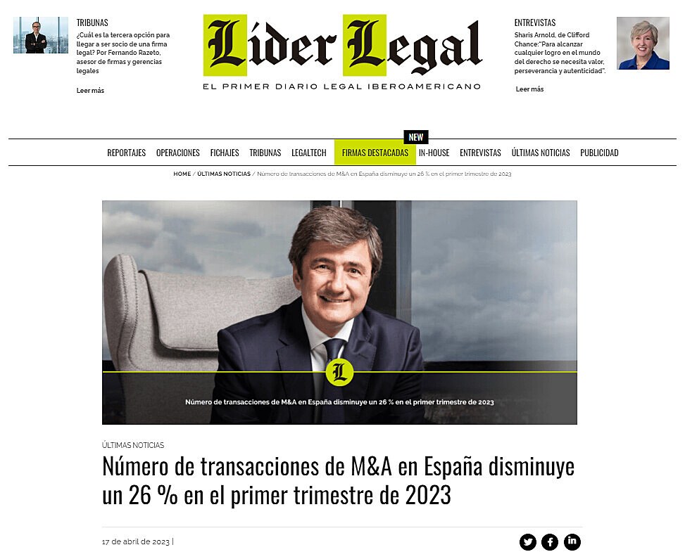 Nmero de transacciones de M&A en Espaa disminuye un 26 % en el primer trimestre de 2023